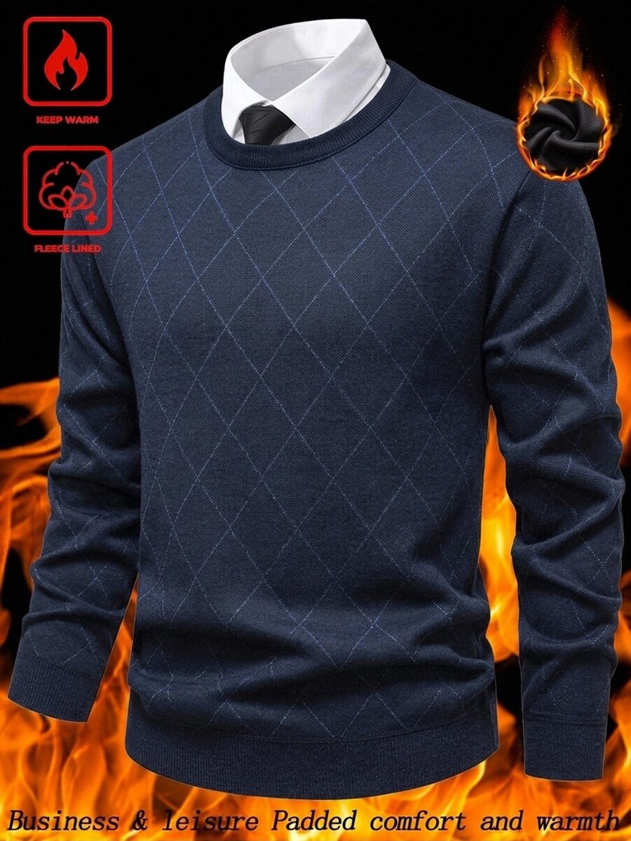 Manfinity CasualKnits Sweater Pria Kasual Leher Bulat Motif Berlian dengan Lapisan Termal, Musim Gugur/Dingin - Krem - View 1