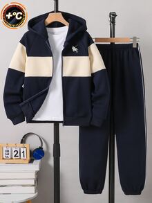 Casuvi Kids 青少年男孩秋冬保暖內裡加厚運動套裝，拼色連帽拉鍊運動外套 + 側條紋慢跑長褲 2件套，插肩袖小馬印花裝飾，柔軟針織面料，寬鬆休閒版型，適合學校、戶外、居家穿著，男孩秋冬時尚2件套 - 彩色 - 查看 4