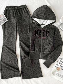 SHEIN 青少年女孩秋冬日常街頭風豹紋字母標語深灰色拉鍊連帽衛衣與運動長褲休閒套裝 - 深灰色 - 查看 7