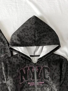 SHEIN 青少年女孩秋冬日常街頭風豹紋字母標語深灰色拉鍊連帽衛衣與運動長褲休閒套裝 - 深灰色 - 查看 3