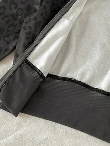 SHEIN 青少年女孩秋冬日常街頭風豹紋字母標語深灰色拉鍊連帽衛衣與運動長褲休閒套裝 - 深灰色 - 查看 8