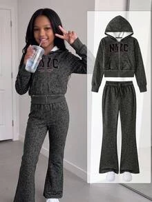 SHEIN 青少年女孩秋冬日常街頭風豹紋字母標語深灰色拉鍊連帽衛衣與運動長褲休閒套裝 - 深灰色 - 查看 6