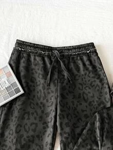 SHEIN 青少年女孩秋冬日常街頭風豹紋字母標語深灰色拉鍊連帽衛衣與運動長褲休閒套裝 - 深灰色 - 查看 4