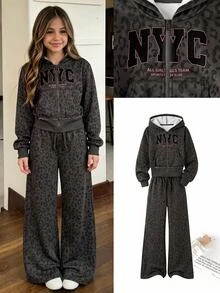 SHEIN 青少年女孩秋冬日常街頭風豹紋字母標語深灰色拉鍊連帽衛衣與運動長褲休閒套裝 - 深灰色 - 查看 1