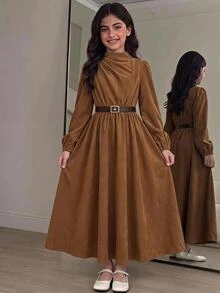 SHEIN Tween女孩休閒拼色POLO領修身寬鬆半開襟拼接A字裙擺荷葉邊飾粗燈芯絨紋理條紋長袖花瓣袖娃娃領拼色洋裝返校棕色 - 棕色 - 查看 8
