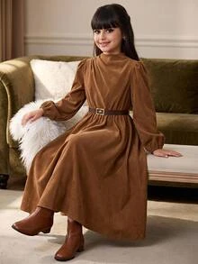 SHEIN Tween女孩休閒拼色POLO領修身寬鬆半開襟拼接A字裙擺荷葉邊飾粗燈芯絨紋理條紋長袖花瓣袖娃娃領拼色洋裝返校棕色 - 棕色 - 查看 1