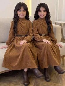 SHEIN Tween女孩休閒拼色POLO領修身寬鬆半開襟拼接A字裙擺荷葉邊飾粗燈芯絨紋理條紋長袖花瓣袖娃娃領拼色洋裝返校棕色 - 棕色 - 查看 5