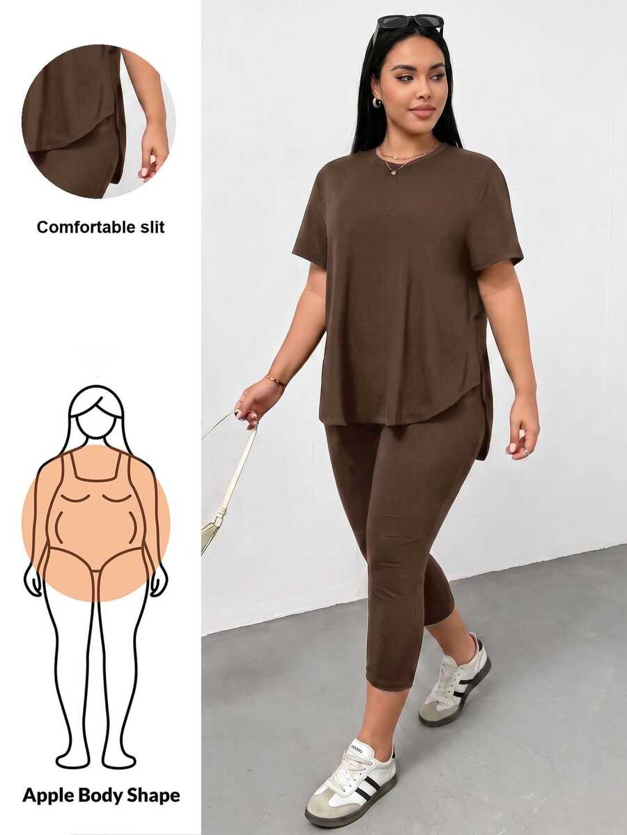 Shapeblank 大码女装春夏时尚休闲运动舒适百搭显瘦日常黑色短袖T恤和打底裤两件套,裤装套装,街头风,机场穿搭,夏季女装,外出穿搭,Y2K风格,极简风,女士教堂着装 - 摩卡棕 - 查看 1