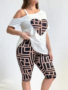 Shapeblank Plus Size Women's Summer Elegant Smart Casual Vacation Outfits,Heart Print Graphics T Shirts & Biker Shorts Two Pieces Set,Black And White - White - View 7