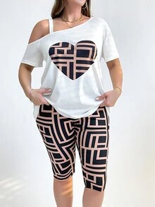 Shapeblank Plus Size Women's Summer Elegant Smart Casual Vacation Outfits,Heart Print Graphics T Shirts & Biker Shorts Two Pieces Set,Black And White - White - View 9