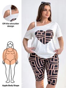 Shapeblank Plus Size Women's Summer Elegant Smart Casual Vacation Outfits,Heart Print Graphics T Shirts & Biker Shorts Two Pieces Set,Black And White - White - View 2
