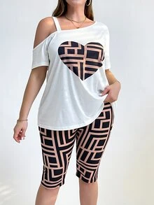 Shapeblank Plus Size Women's Summer Elegant Smart Casual Vacation Outfits,Heart Print Graphics T Shirts & Biker Shorts Two Pieces Set,Black And White - White - View 5