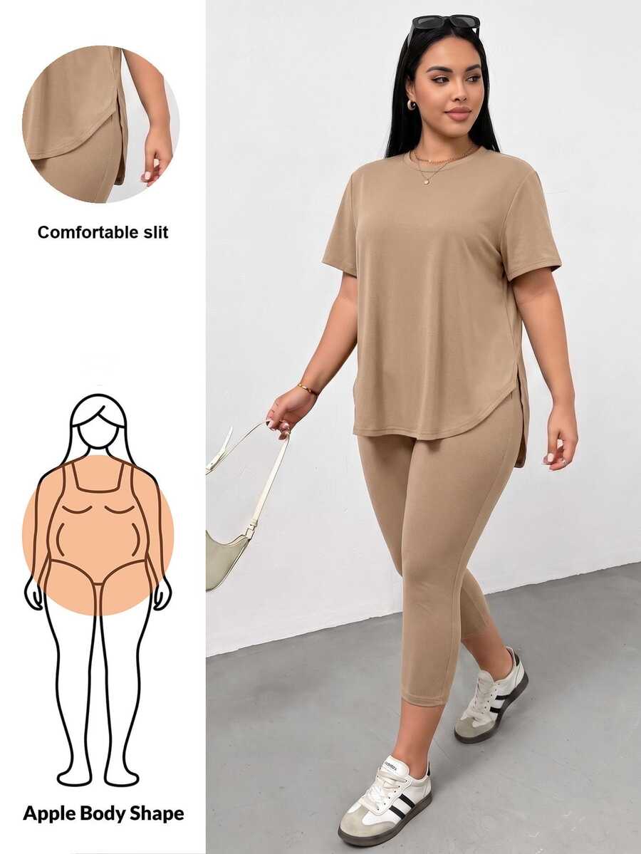 Shapeblank 大码女装春夏时尚休闲运动舒适百搭显瘦日常黑色短袖T恤和打底裤两件套，裤装套装，街头风，机场穿搭，夏季女装，外出穿搭，Y2K风格，极简风，女士教堂着装