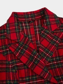 Sweetra Plus Size Plaid Lapel Waist-Cinching A-Line Wool Blend Dress - Multicolor - View 5