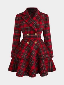 Sweetra Plus Size Plaid Lapel Waist-Cinching A-Line Wool Blend Dress - Multicolor - View 1