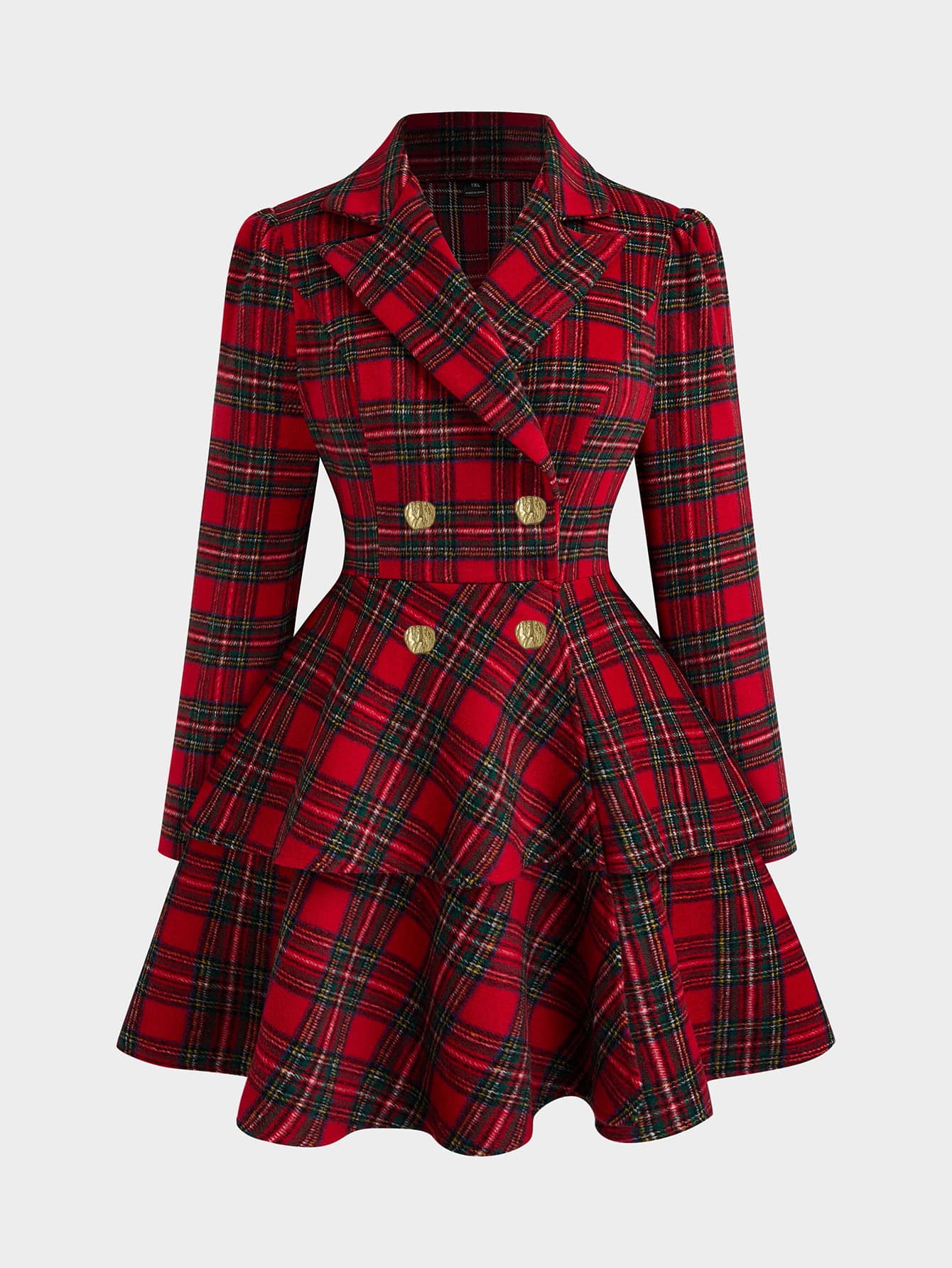 Sweetra Plus Size Plaid Lapel Waist-Cinching A-Line Wool Blend Dress - Multicolor - View 1