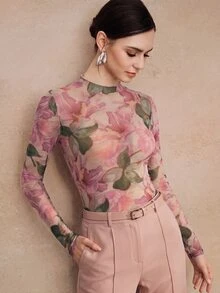 Anewsta 女款秋冬粉色花卉印花優雅浪漫休閒修身彈性T恤，適合派對、下午茶、早午餐、外出、婚禮賓客、度假上衣 - 粉色 - 查看 5