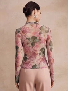 Anewsta 女款秋冬粉色花卉印花優雅浪漫休閒修身彈性T恤，適合派對、下午茶、早午餐、外出、婚禮賓客、度假上衣 - 粉色 - 查看 8