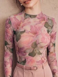 Anewsta 女款秋冬粉色花卉印花優雅浪漫休閒修身彈性T恤，適合派對、下午茶、早午餐、外出、婚禮賓客、度假上衣 - 粉色 - 查看 3