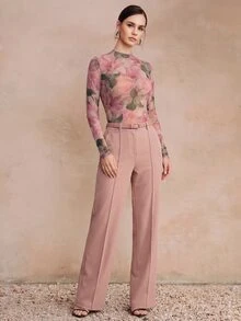 Anewsta 女款秋冬粉色花卉印花優雅浪漫休閒修身彈性T恤，適合派對、下午茶、早午餐、外出、婚禮賓客、度假上衣 - 粉色 - 查看 6