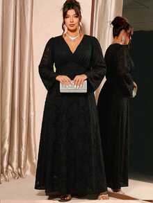 SHEIN Plus Size Women's V-Neck Flared Sleeve Cinched Waist Elegant Dress Cocktail Dinner Evening Formal Night Black Spring/Autumn Homecoming Dresses Wedding - Black - View 5