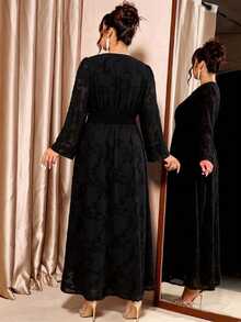 SHEIN Plus Size Women's V-Neck Flared Sleeve Cinched Waist Elegant Dress Cocktail Dinner Evening Formal Night Black Spring/Autumn Homecoming Dresses Wedding - Black - View 2