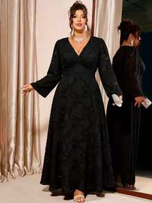 SHEIN Plus Size Women's V-Neck Flared Sleeve Cinched Waist Elegant Dress Cocktail Dinner Evening Formal Night Black Spring/Autumn Homecoming Dresses Wedding - Black - View 6