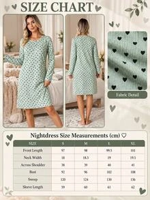 SHEIN Cotton Women Light Grey Heart Pattern Rib Knit Round Neck Long Sleeved Comfort Nightgown Lounge Sleep Cute Casual - Mint Green - View 6