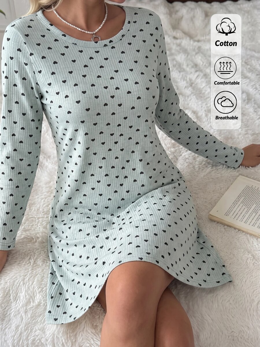 SHEIN Cotton Women Light Grey Heart Pattern Rib Knit Round Neck Long Sleeved Comfort Nightgown Lounge Sleep Cute Casual