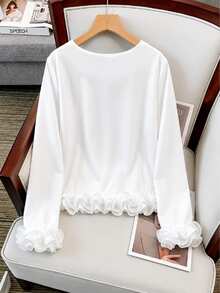 SHEIN CURVE+ Plus Size Elegant Solid Color 3D Ruffle Trim Lightweight Jacket Autumn Office Formal White Fall - White - View 2