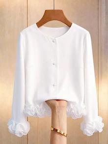 SHEIN CURVE+ Plus Size Elegant Solid Color 3D Ruffle Trim Lightweight Jacket Autumn Office Formal White Fall - White - View 3