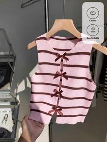 Comfortcana Women's Casual Minimalist Pink & Brown Color Block Striped Bow Decor Sleeveless Knit Top, Suitable For School Wear - Pink - View 9