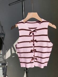 Comfortcana Women's Casual Minimalist Pink & Brown Color Block Striped Bow Decor Sleeveless Knit Top, Suitable For School Wear - Pink - View 4