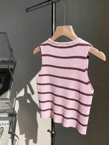 Comfortcana Women's Casual Minimalist Pink & Brown Color Block Striped Bow Decor Sleeveless Knit Top, Suitable For School Wear - Pink - View 2