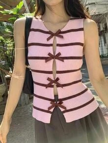 Comfortcana Women's Casual Minimalist Pink & Brown Color Block Striped Bow Decor Sleeveless Knit Top, Suitable For School Wear - Pink - View 8