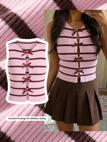 Comfortcana Women's Casual Minimalist Pink & Brown Color Block Striped Bow Decor Sleeveless Knit Top, Suitable For School Wear - Pink - View 1