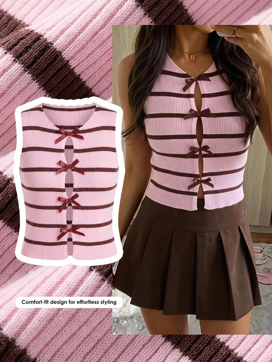 Comfortcana Women's Casual Minimalist Pink & Brown Color Block Striped Bow Decor Sleeveless Knit Top, Suitable For School Wear - Pink - View 1