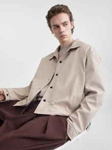 Manfinity Homme Men's Solid Color Long Sleeve Single-Breasted Casual Jacket,Formal, Daily Wear, For Fall, Ceremony Style For Commuting - Apricot - View 6