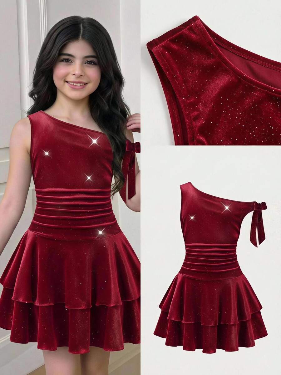 SHEIN 少女秋冬休閒不對稱肩短袖A字洋裝 - 藍色 - 查看 1