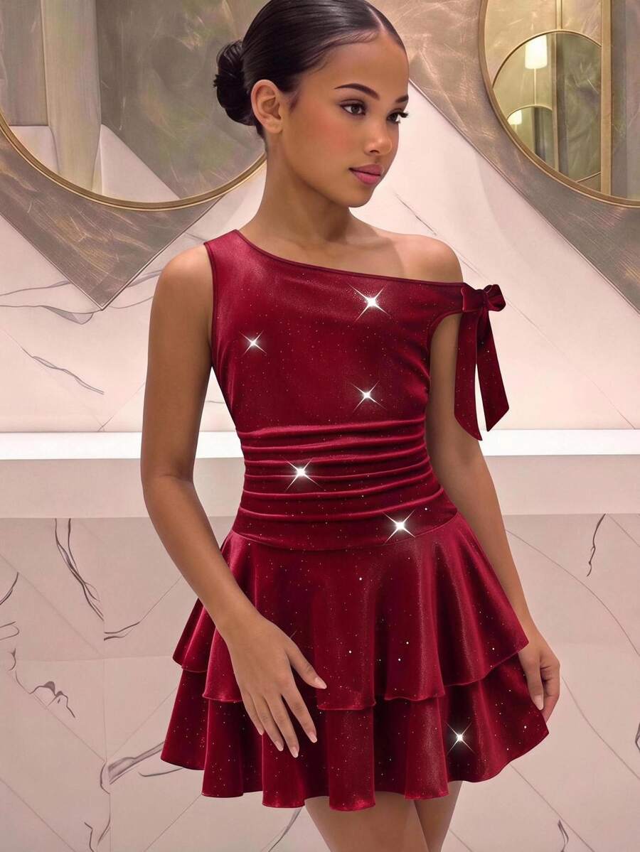 SHEIN فستان قصير الأكمام بتصميم غير متماثل على الكتف بقصة A-Line كاجوال للفتيات المراهقات في فصل الخريف/الشتاء - الأزرق - مشاهدة 1