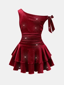 SHEIN فستان قصير الأكمام بتصميم غير متماثل على الكتف بقصة A-Line كاجوال للفتيات المراهقات في فصل الخريف/الشتاء - الأزرق - مشاهدة 3