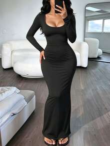 Cévolie Women's Solid Color Square Neck Long Sleeve Fitted Elegant Dress - Black - View 2