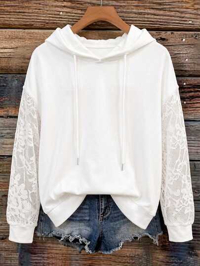 SHEIN LUNE Sweatshirt Putih Berkerudung Warna Polos Ukuran Besar dengan Patchwork Renda, Cocok untuk Kencan Malam, Pesta Pernikahan, Tamu Pernikahan, Pesta Musim Gugur, Pakaian Kasual Elegan untuk Wanita Saat Liburan.