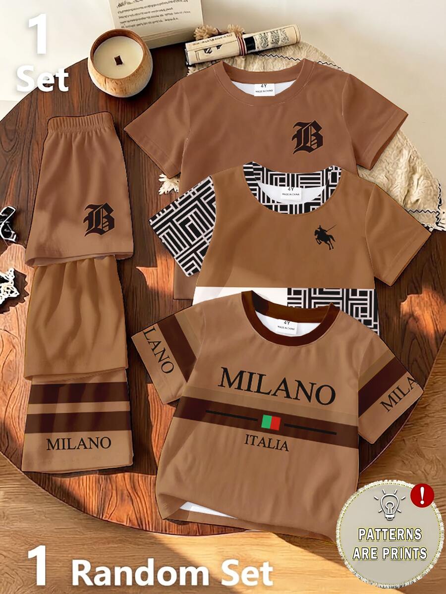 1套隨機款 小男孩夏季套裝 幼兒可愛棕色 Milano Italia 字母 Polo 馬圖案短袖T恤與短褲套裝 - 彩色 - 查看 1