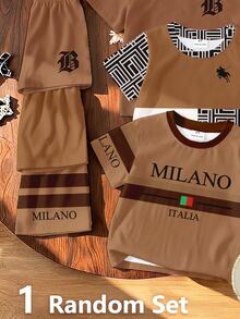 1套隨機款 小男孩夏季套裝 幼兒可愛棕色 Milano Italia 字母 Polo 馬圖案短袖T恤與短褲套裝 - 彩色 - 查看 5