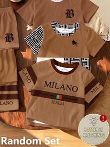 1套隨機款 小男孩夏季套裝 幼兒可愛棕色 Milano Italia 字母 Polo 馬圖案短袖T恤與短褲套裝 - 彩色 - 查看 3
