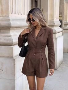 Serisse Women's Collared Long Sleeve Belted Romper,Fall/Winter Elegant Formal Luxury Business Chic Basic Christmas Back To School Festival New Year - Apricot - View 3