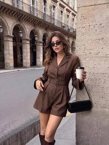Serisse Women's Collared Long Sleeve Belted Romper,Fall/Winter Elegant Formal Luxury Business Chic Basic Christmas Back To School Festival New Year - Apricot - View 2