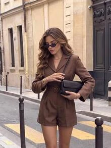 Serisse Women's Collared Long Sleeve Belted Romper,Fall/Winter Elegant Formal Luxury Business Chic Basic Christmas Back To School Festival New Year - Apricot - View 4