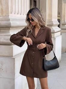 Serisse Women's Collared Long Sleeve Belted Romper,Fall/Winter Elegant Formal Luxury Business Chic Basic Christmas Back To School Festival New Year - Apricot - View 5